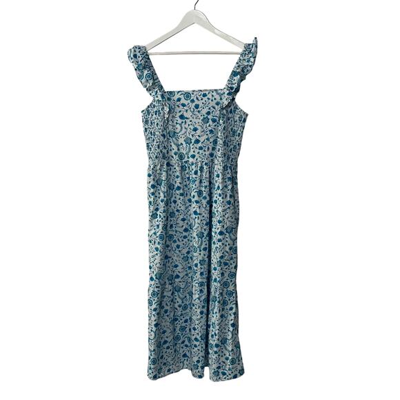 Draper James Womens Size Large Floral Smocked Ruffle Strap Midi Dress Blue White - Picture 2 of 12